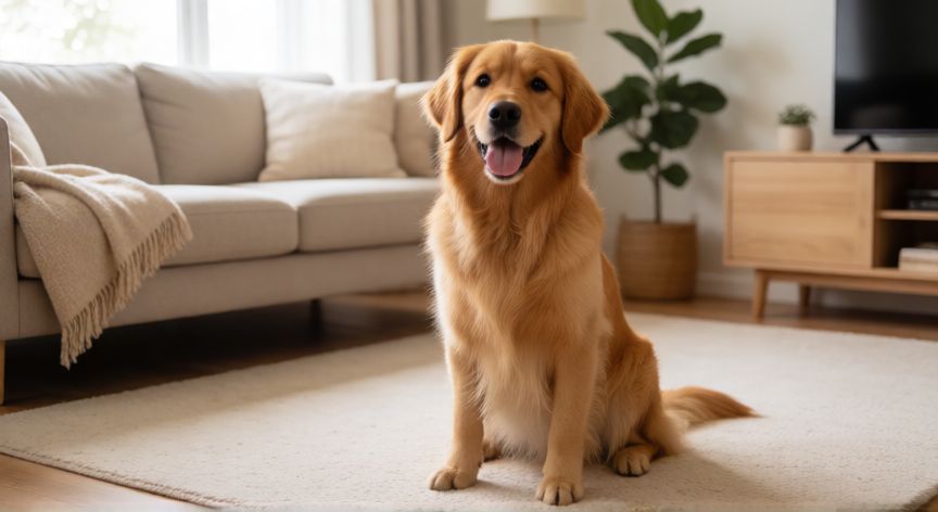 mejor producto para limpiar orina de perro, Perro feliz en sala de estar con alfombra limpia y sin olores