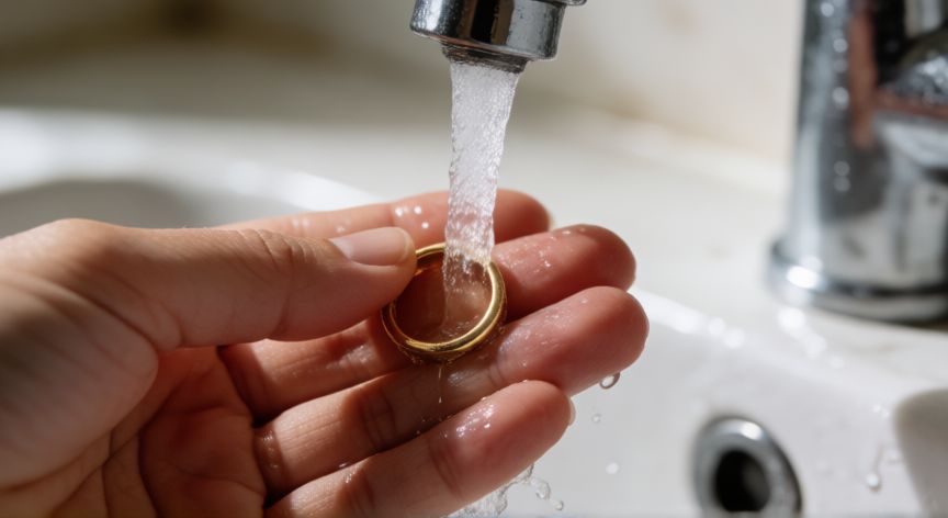 mejor producto para limpiar oro, Enjuagando una joya de oro bajo el grifo con agua corriente