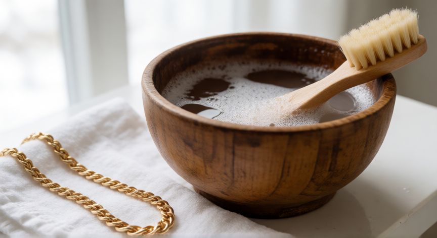 mejor producto para limpiar oro, Cuenco con agua jabonosa y cepillo suave para limpiar joyas de oro