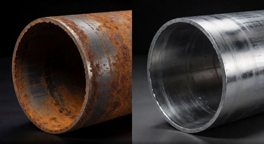 mejor producto para limpiar oxido, Comparativa antes y después de limpiar oxido en una tubería