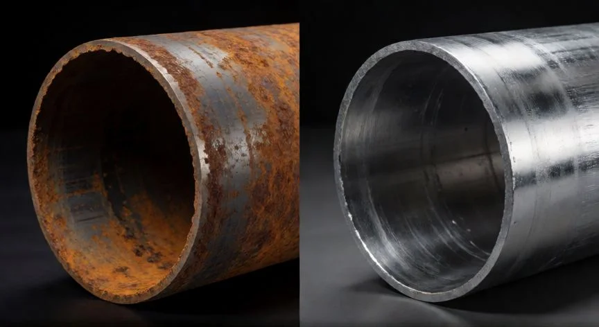 mejor producto para limpiar oxido, Comparativa antes y después de limpiar oxido en una tubería
