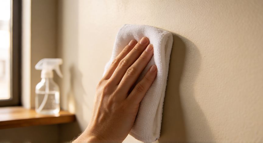 mejor producto para limpiar paredes, Persona limpiando una pared mate con paño de microfibra y spray suave
