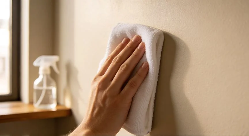 Persona limpiando una pared mate con paño de microfibra y spray suave