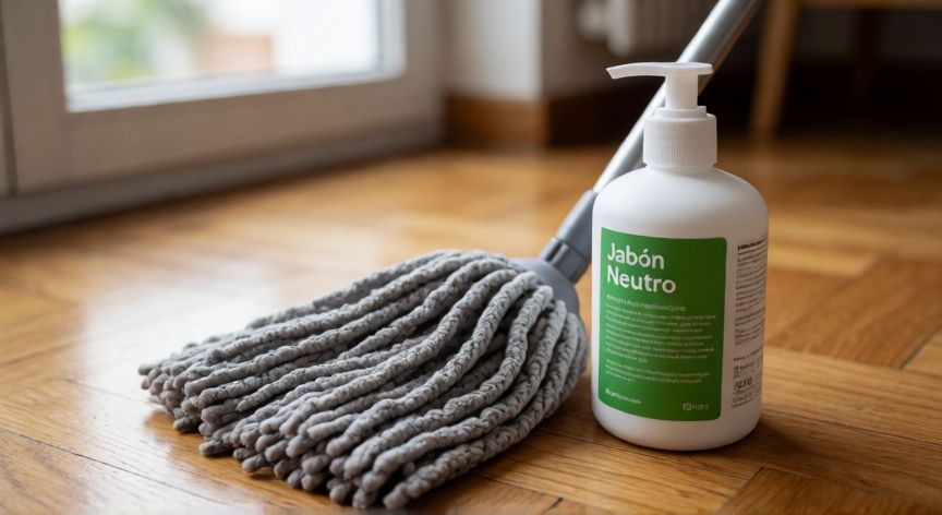 mejor producto para limpiar parquet, Botella de jabón neutro y fregona de microfibra sobre suelo de parquet de roble