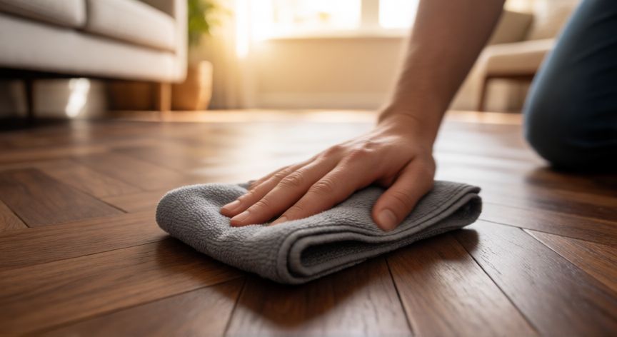 mejor producto para limpiar parquet, Persona limpiando suelo de parquet de nogal con paño de microfibra en sala de estar