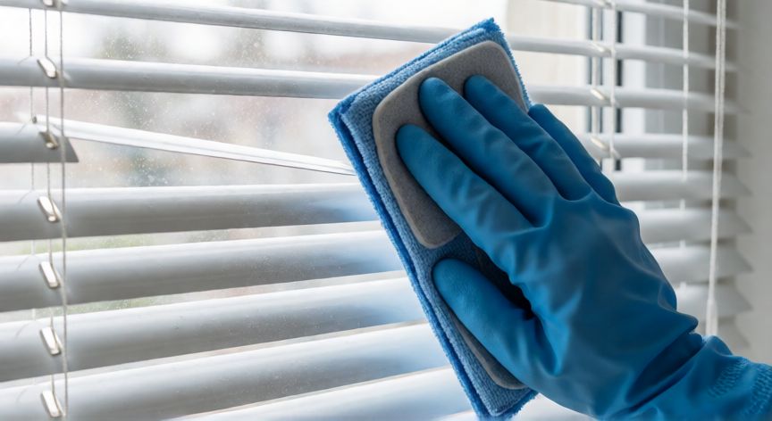 mejor producto para limpiar persianas, Limpiando persianas de aluminio con guante de silicona y microfibra
