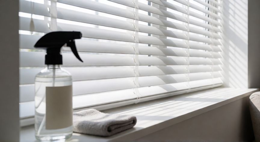 mejor producto para limpiar persianas, Persianas de aluminio impecables y limpias en una habitación moderna