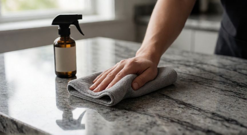 mejor producto para limpiar piedra natural, Persona limpiando encimera de granito con paño de microfibra