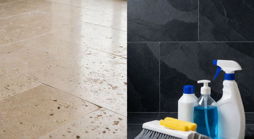 mejor producto para limpiar piedra natural, Comparativa de superficies de piedra natural travertino y pizarra limpias