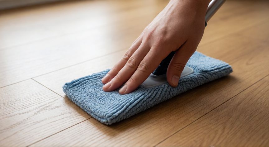 mejor producto para limpiar piso flotante, Mop de microfibra limpiando piso flotante de madera