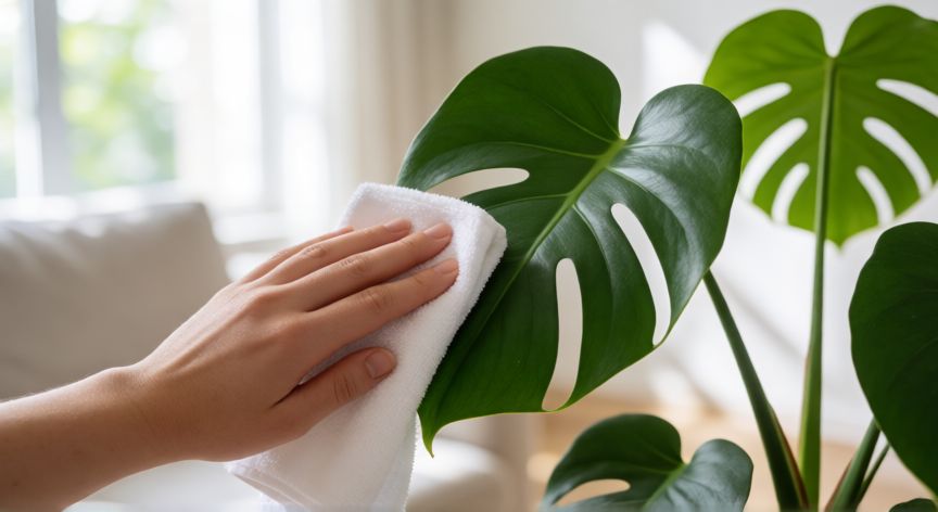 mejor producto para limpiar plantas, Limpieza suave de hojas de planta de interior con paño húmedo