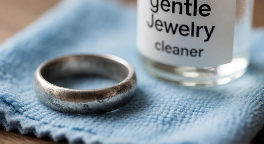 mejor producto para limpiar plata, Anillo de plata con manchas de oxidación junto a un paño de limpieza suave