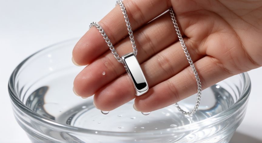 mejor producto para limpiar plata, Mano sosteniendo una cadena de plata pulida sumergida en una solución limpiadora transparente