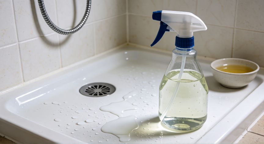 mejor producto para limpiar plato de ducha de resina, Spray con vinagre diluido para limpiar manchas de cal en ducha