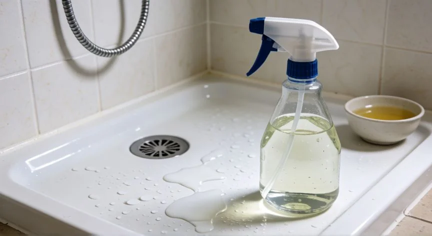 mejor producto para limpiar plato de ducha de resina, Spray con vinagre diluido para limpiar manchas de cal en ducha