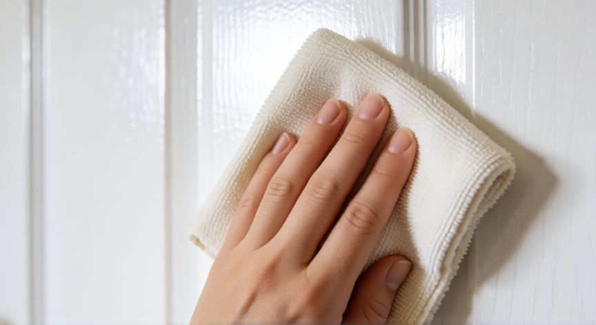 mejor producto para limpiar puertas lacadas, mano limpiando puerta lacada blanca con trapo de microfibra