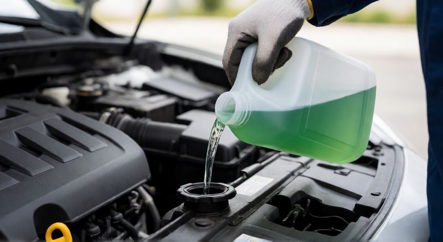 mejor producto para limpiar radiador coche, Mecánico rellenando el radiador con líquido refrigerante transparente