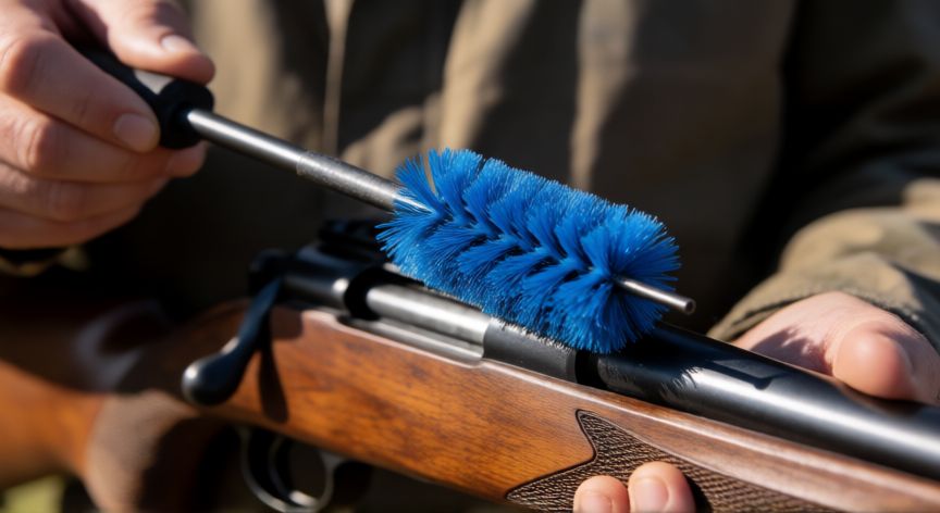Limpieza profunda del cañón de un rifle con cepillo de nailon y varilla