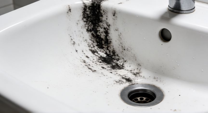 mejor producto para limpiar rincones negros lavabo, Rincón de lavabo con suciedad negra y moho acumulado en las juntas