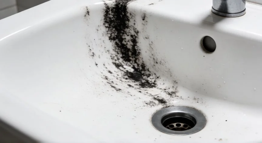 Rincón de lavabo con suciedad negra y moho acumulado en las juntas