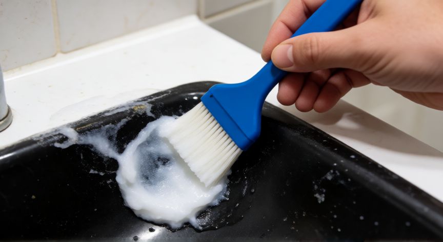 mejor producto para limpiar rincones negros lavabo, Aplicando gel limpiador desincrustante en la esquina negra del lavabo