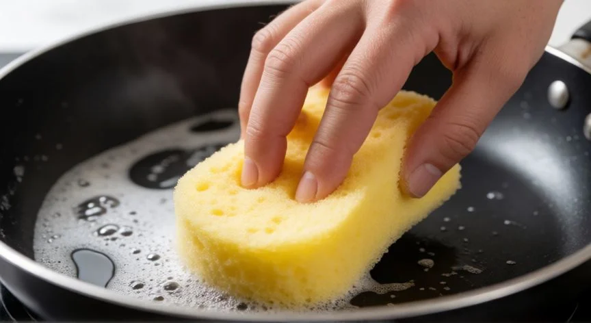 Limpieza suave de sartén antiadherente con esponja no abrasiva y jabón neutro