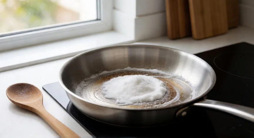 mejor producto para limpiar sartenes, Sartén de acero inoxidable con pasta de bicarbonato para limpiar residuos quemados