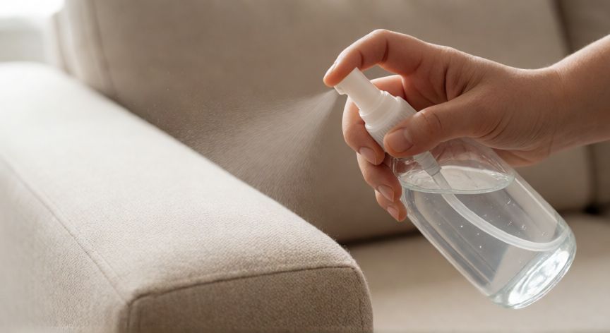 mejor producto para limpiar sillones de tela, Aplicación de limpiador suave sobre un sillón de tela beige