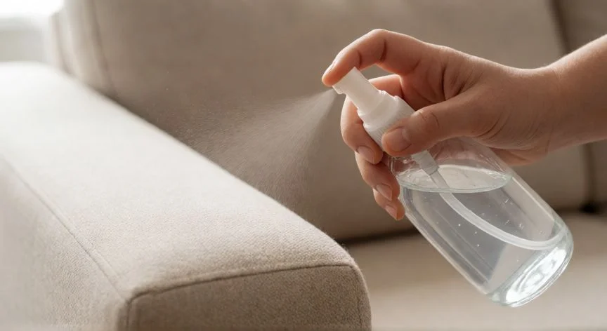 Aplicación de limpiador suave sobre un sillón de tela beige