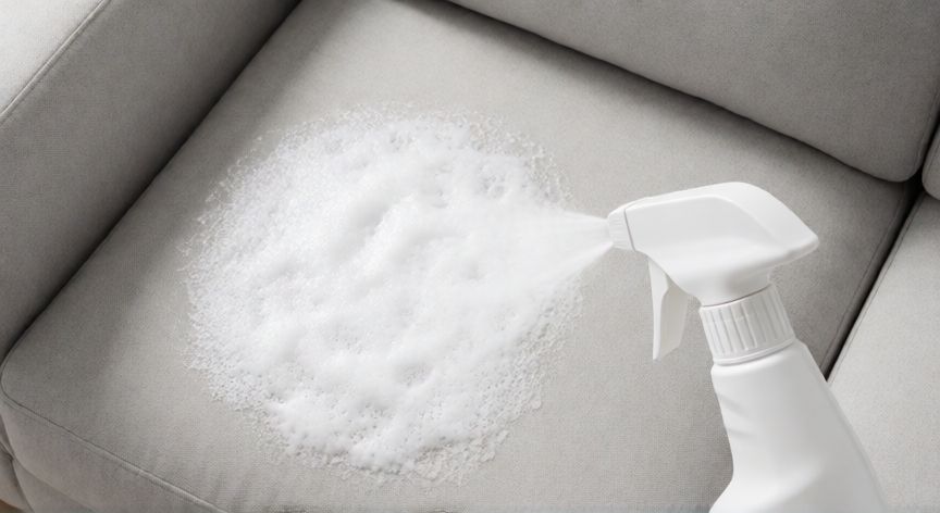 mejor producto para limpiar sillones de tela, Espuma limpiadora aplicada sobre cojín de sofá gris claro