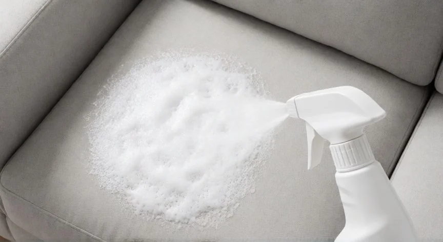 mejor producto para limpiar sillones de tela, Espuma limpiadora aplicada sobre cojín de sofá gris claro