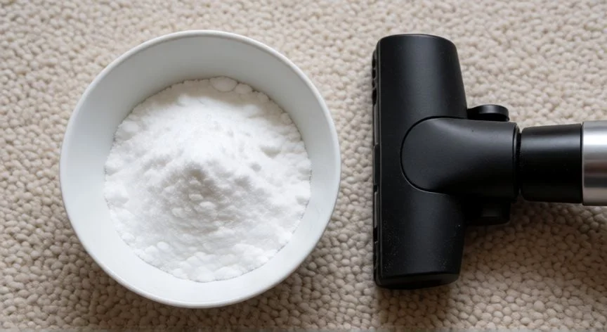 mejor producto para limpiar sofas, Bicarbonato de sodio y aspiradora listos para la limpieza profunda del sofá.