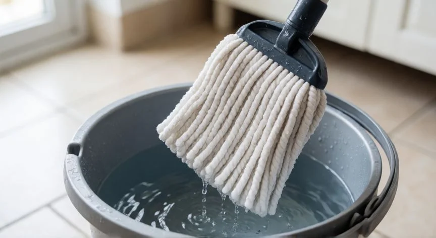 Fregona de microfibra siendo escurrida en un cubo para limpiar suelo cerámico