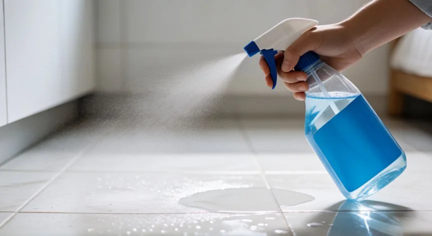 mejor producto para limpiar suelo ceramico, Botella de pulverización aplicando limpiador específico sobre azulejos de cerámica blancos