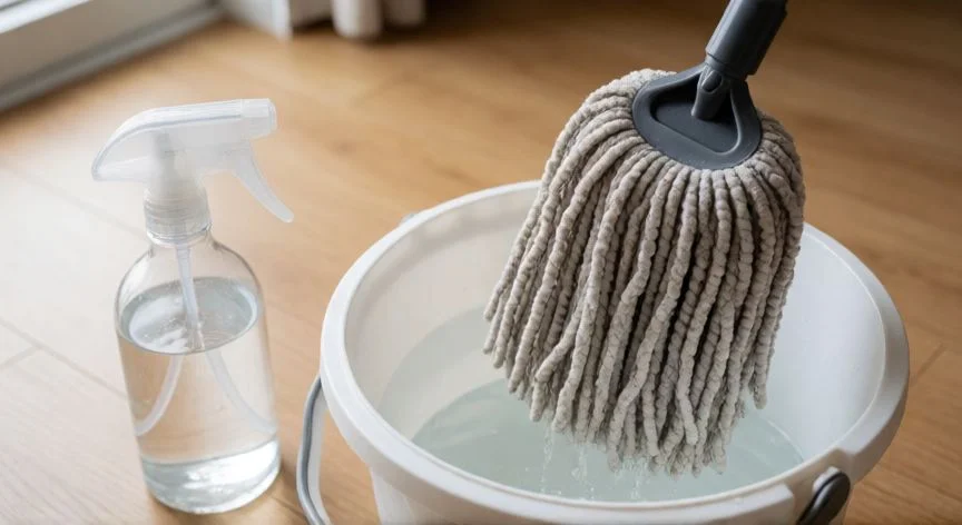 Mopa de microfibra escurriéndose sobre suelo laminado para limpieza segura