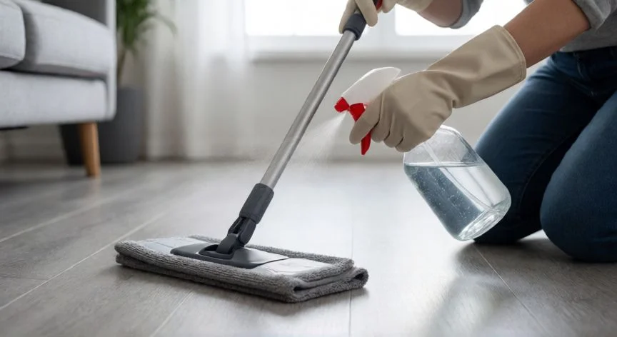 mejor producto para limpiar suelo laminado, Persona aplicando limpiador específico para suelo laminado con pulverizador y mopa plana