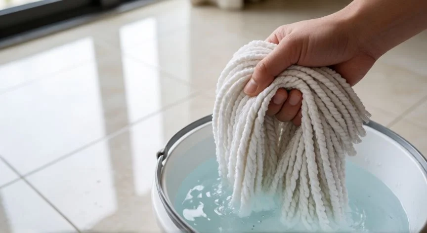 Mopa de microfibra limpiando suelo de porcelánico brillante