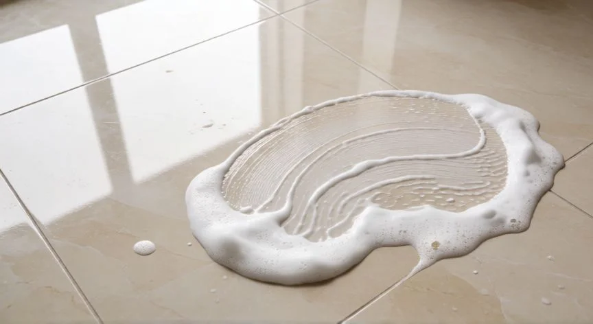 mejor producto para limpiar suelo porcelánico, Aplicación de limpiador espumoso sobre baldosas de porcelanato