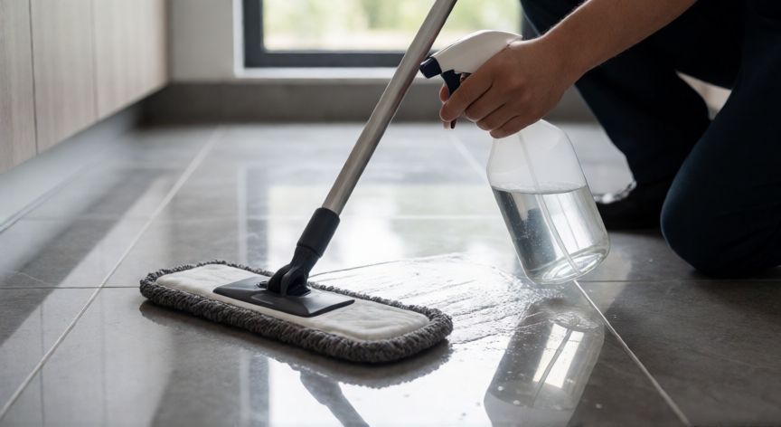 mejor producto para limpiar suelos de gres, Persona fregando suelo de gres con limpiador específico para cerámica