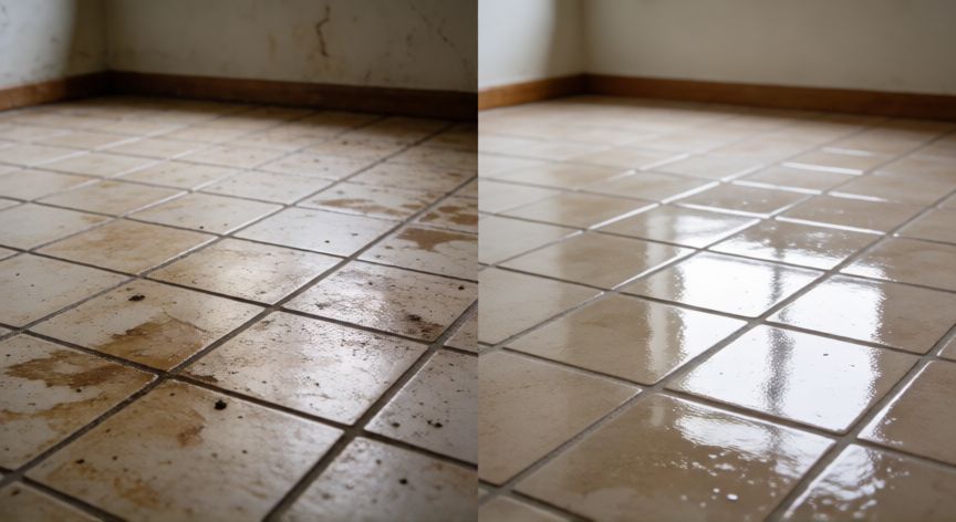 mejor producto para limpiar suelos de gres, Comparativa de suelo de gres antes y después de una limpieza profunda