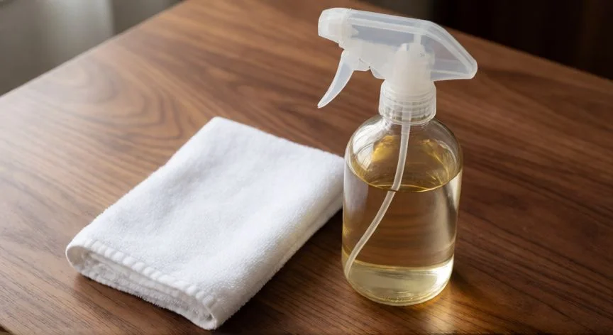 mejor producto para limpiar suelos de madera, Botella de limpiador específico y paño sobre mesa de madera
