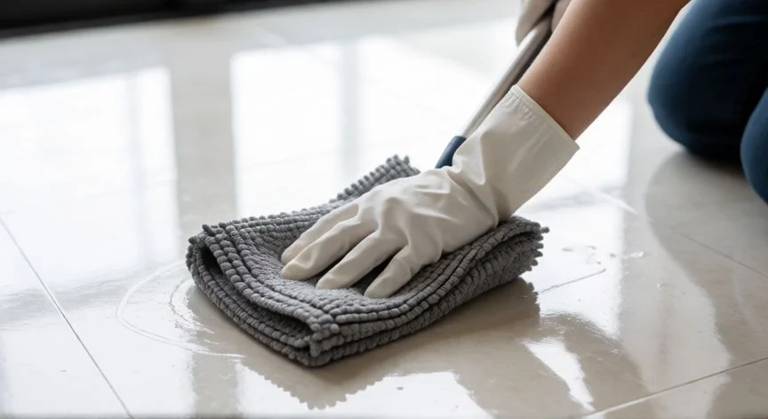 Limpieza de suelo vinílico con mop de microfibra húmedo