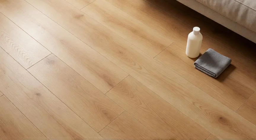 mejor producto para limpiar suelos vinílicos, Suelo vinílico limpio con botella de limpiador neutro y trapo de microfibra