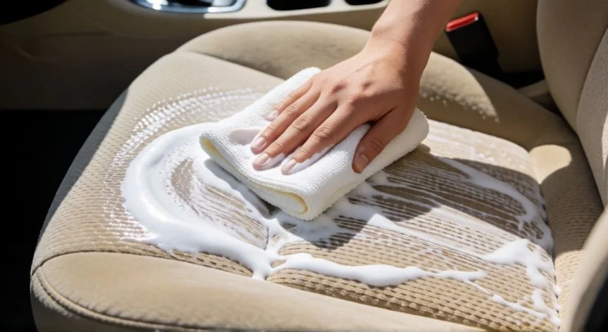 Aplicación de limpiador en espuma sobre tapicería de tela de coche