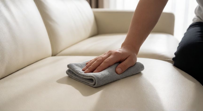 mejor producto para limpiar tapicería sofá, Persona limpiando la superficie de un sofá de vinilo con un paño de microfibra