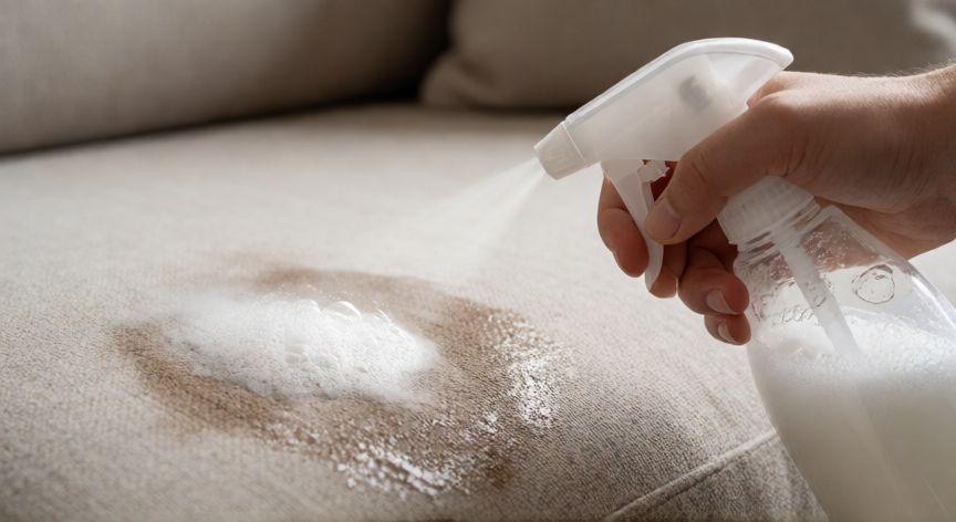 mejor producto para limpiar tapicería sofá, Aplicación de espuma limpiadora sobre una mancha en tapicería de tela