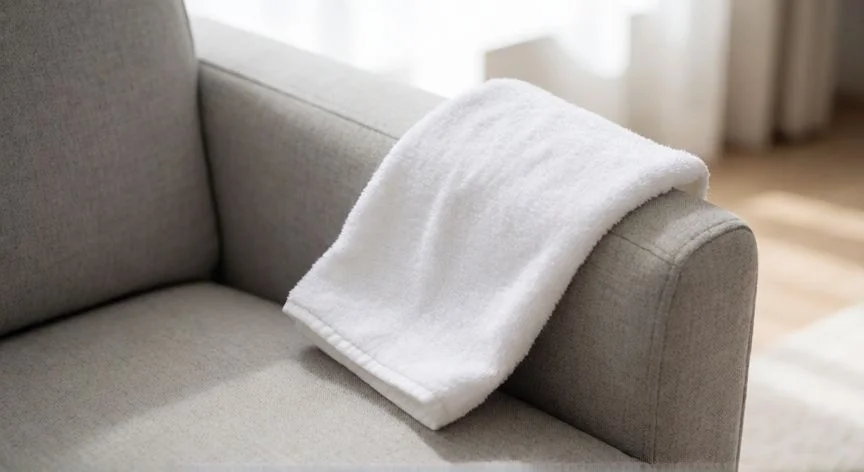 mejor producto para limpiar tapicería tela, Limpieza de un sillón gris con paño de microfibra blanco