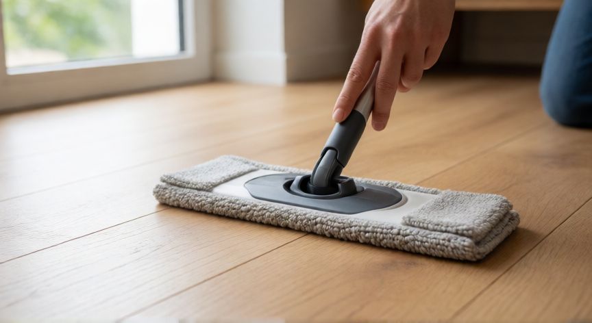 mejor producto para limpiar tarima flotante, Persona limpiando suelo de tarima flotante con fregona de microfibra