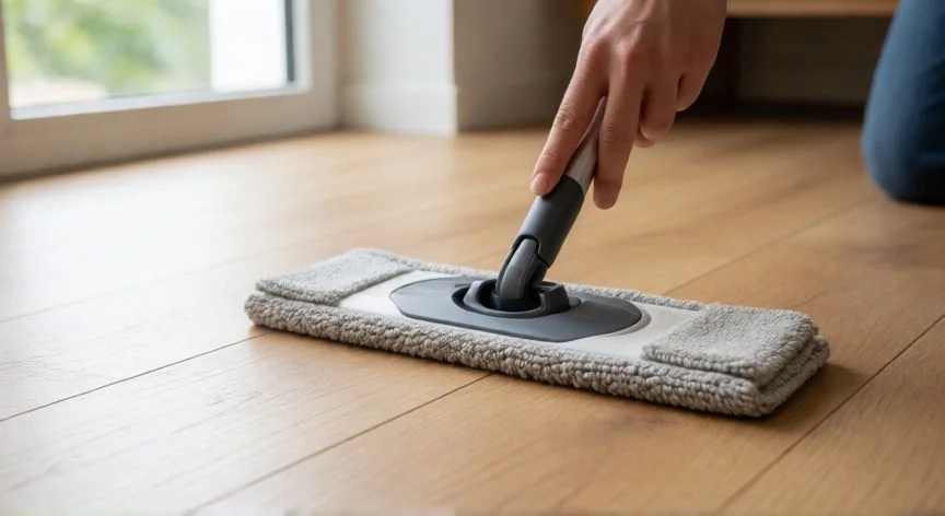 Persona limpiando suelo de tarima flotante con fregona de microfibra