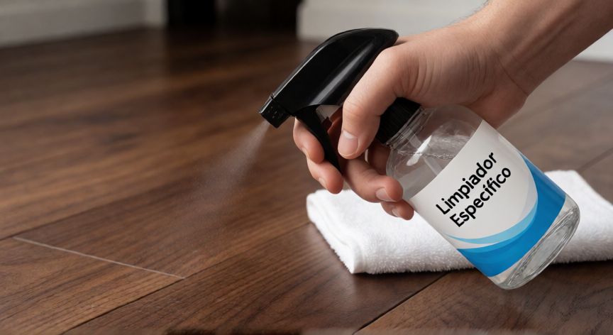 mejor producto para limpiar tarima flotante, Aplicando limpiador específico en spray sobre tarima flotante de nogal